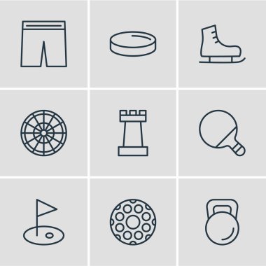 9 Spor simgeler vektör Illustration. Pong, ağırlık, piyon ve diğer öğeleri düzenlenebilir paketi.