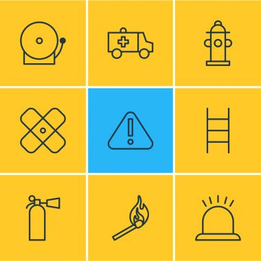 9 acil simgeler vektör Illustration. Su, Siren, yapıştırıcı ve diğer öğeleri düzenlenebilir paketi.
