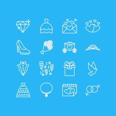 16 düğün simgeler vektör Illustration. Aşk, damat elbise, pastane ve diğer öğeleri düzenlenebilir paketi.