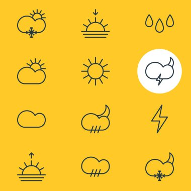 12 gökyüzü simgeler vektör Illustration. Bulutlu düzenlenebilir paket, damla, güneş ışığı ve diğer öğeleri.