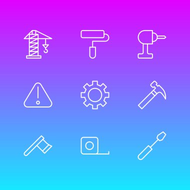 9 yapısını simgeler vektör Illustration. Dönüş vida, karikatür, balta ve diğer öğeleri düzenlenebilir paketi.