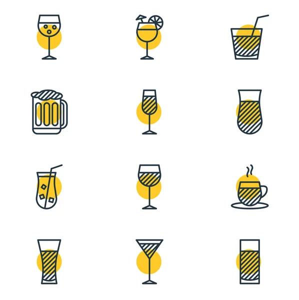 Illustrazione vettoriale di 12 icone di bevande. Pacchetto modificabile di limonata, acqua, vetro e altri elementi . — Vettoriale Stock
