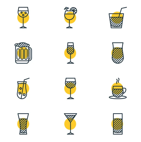 12 içecekler simgeler vektör Illustration. Düzenlenebilir paket limonata, Aqua, cam ve diğer öğeleri.
