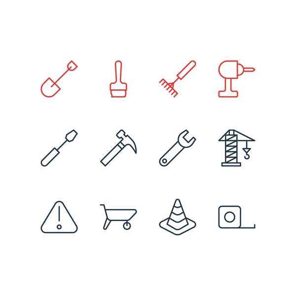 Ilustração vetorial de 12 ícones de construção. Pacote editável de alça Hit, Lifting, Handcart Elements . — Vetor de Stock