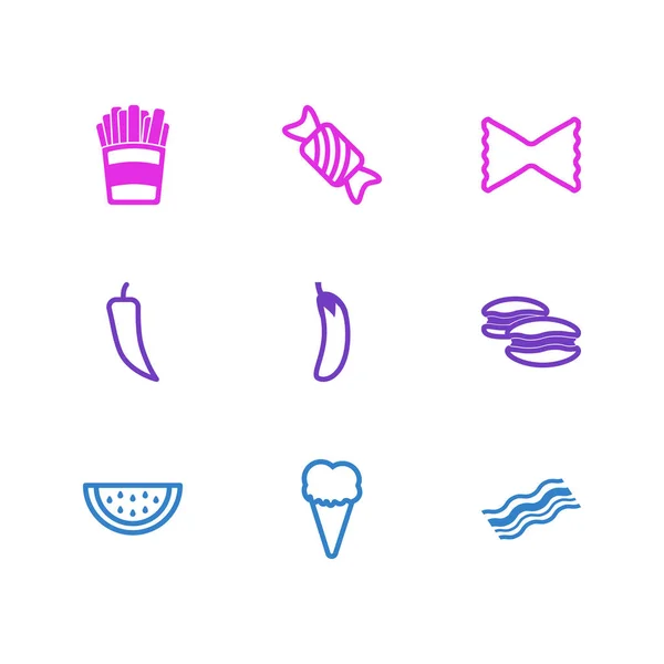 Ilustração vetorial de 9 ícones de comida. Pacote editável de frutas de verão, batata, presunto e outros elementos . —  Vetores de Stock