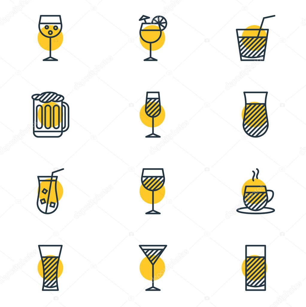 Vector Illustration Of 12 Drinks Icons. Editable Pack Of Lemonade, Aqua, Glass And Other Elements.