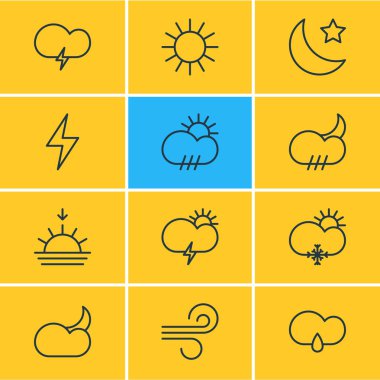 12 hava simgeler vektör Illustration. Rüzgâr, kasırga, fulminan ve diğer öğeleri düzenlenebilir paketi.