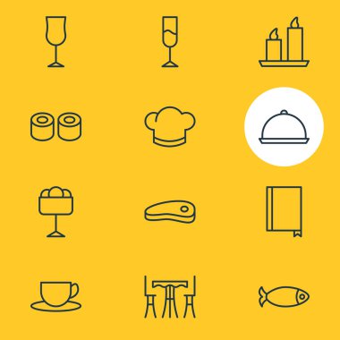 12 Restoran simgeler vektör Illustration. Bardağı, şapka, yangın balmumu ve diğer öğeleri düzenlenebilir paketi.