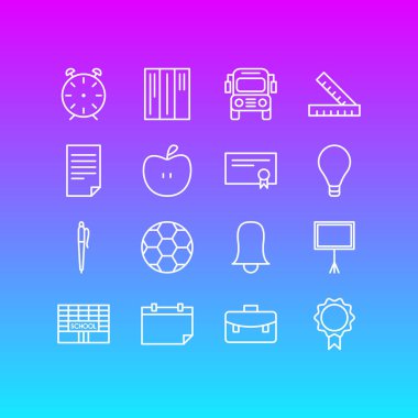 16 çalışmalar simgeler vektör Illustration. Portföy, meyve, düzenlenebilir paketi yazar tablo ve diğer öğeleri.