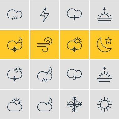 16 hava simgeler vektör Illustration. Güneşli düzenlenebilir paket, güneş, Drizzles ve diğer öğeleri.