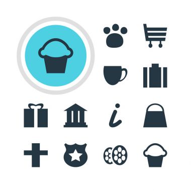 12 yerde simgeler vektör Illustration. Alışveriş sepeti, düzenlenebilir paket bilgi, polis ve diğer öğeleri göster.