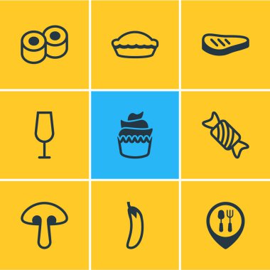 9 yemek simgeler vektör Illustration. Tatlı, Restoran, sığır eti ve diğer öğeleri düzenlenebilir paketi.