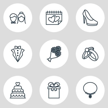 9 evlilik simgeler vektör Illustration. Düzenlenebilir paket takı, çift, nişan ve diğer öğeleri.