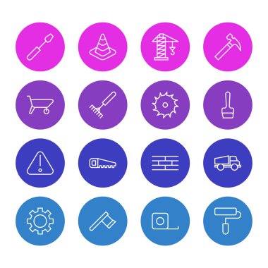 16 inşaat simgeler vektör Illustration. Daire Blade, bariyer, yol işaret ve diğer öğeleri düzenlenebilir sürüsü.