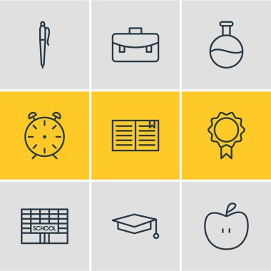 9 eğitim simgeler vektör Illustration. Düzenlenebilir paket meyve, kalem, ders kitabı ve diğer öğeleri.