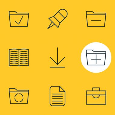 9 Office simgeler vektör Illustration. Düzenlenebilir paket Onayla, İndiriyor, klasör ve diğer öğeleri silme.