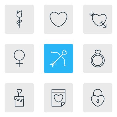 9 tutku simgeler vektör Illustration. Nişan, kilit, mum öğelerin düzenlenebilir paketi.