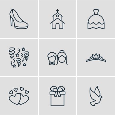 9 evlilik simgeler vektör Illustration. Düzenlenebilir paketi hediye, aşk, Bina ve diğer öğeleri.