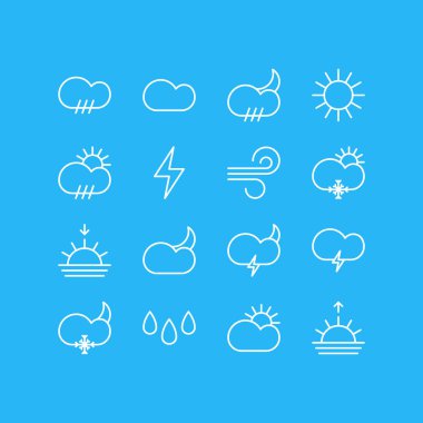 16 gökyüzü simgeler vektör Illustration. Bulut, hava durumu, yıldırım ve diğer öğeleri düzenlenebilir sürüsü.
