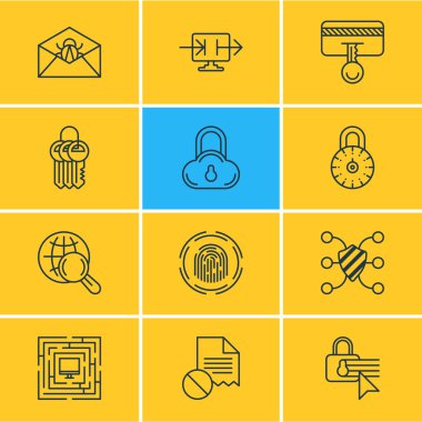 12 koruma simgeler vektör Illustration. Güvenlik anahtarı, anahtar toplama, sistem güvenliğini ve diğer öğeleri düzenlenebilir paketi.