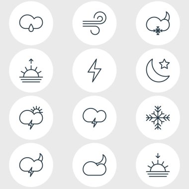 12 hava simgeler vektör Illustration. Hava, ay ay, kasırga ve diğer öğeleri düzenlenebilir paketi.