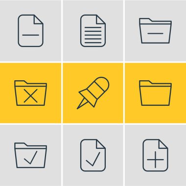 9 çalışma alanı simgeler vektör Illustration. Düzenlenebilir Pack notun, artı, eksi ve diğer öğeleri.