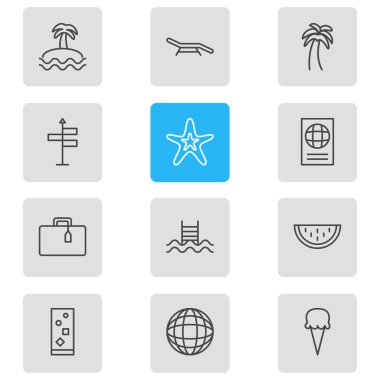 12 yaz simgeler vektör Illustration. Bavul, Kılavuzu, ada öğelerin düzenlenebilir paketi.