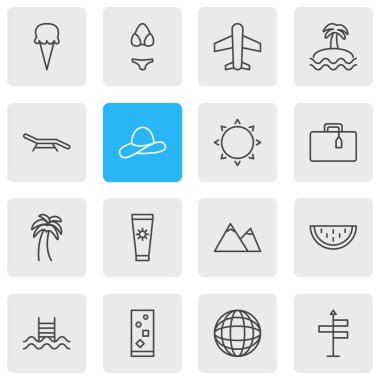 16 yaz simgeler vektör Illustration. Kavun, Cap, Anti-güneş kremi ve diğer öğeleri düzenlenebilir paketi.