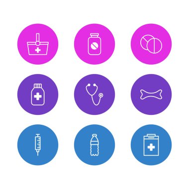 9 tıp simgeler vektör Illustration. Sepet, kemik, Aspirin ve diğer öğeleri düzenlenebilir paketi.