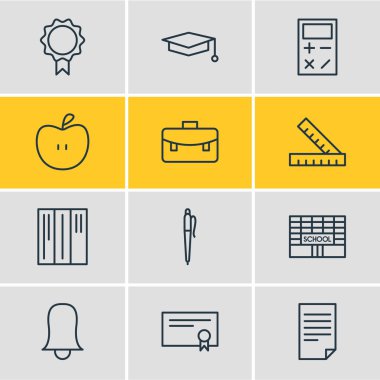 12 çalışmalar simgeler vektör Illustration. Kupa, meyve, Jingle ve diğer öğeleri düzenlenebilir paketi.