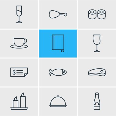12 Restoran simgeler vektör Illustration. Tepsi, yangın balmumu, pastırma ve diğer öğeleri düzenlenebilir paketi.