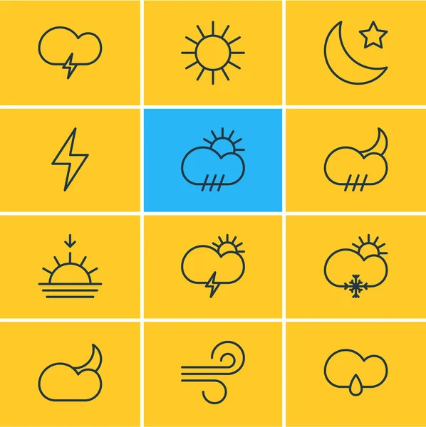 Ilustración vectorial de 12 iconos meteorológicos. Paquete editable de brisa, tormenta de viento, fulminante y otros elementos . — Vector de stock