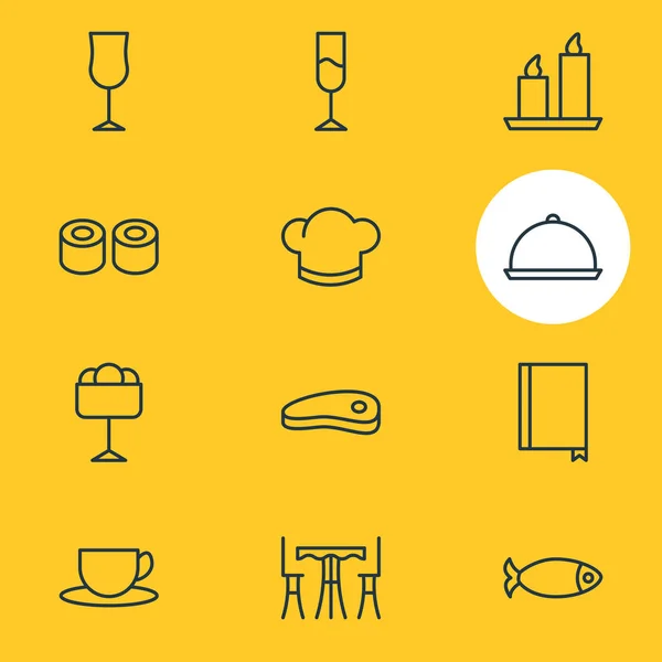 12 étterem ikonok vektoros illusztráció. Szerkeszthető Pack borospohár, kalap, viasz tűz és egyéb elemek. — Stock Vector