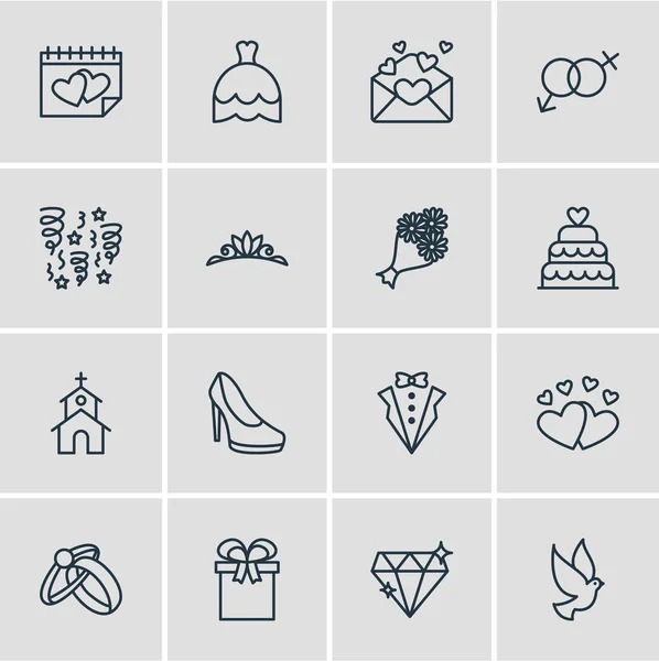 Vector Illustration Of 16 Marriage Icons. Editable Pack Of Decoration, Bridal Bouquet, Brilliant And Other Elements. — Stock Vector