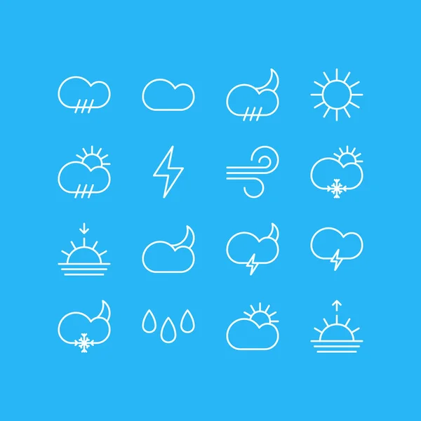 Ilustración vectorial de 16 iconos del cielo. Paquete editable de nube, tiempo, relámpagos y otros elementos . — Vector de stock