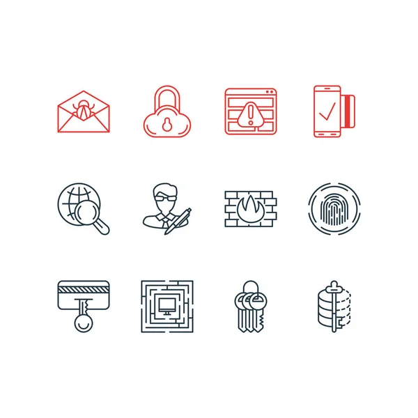 Illustrazione vettoriale di 12 icone di dati. Pacchetto modificabile di chiave di sicurezza, protezione della rete, navigazione su Internet e altri elementi . — Vettoriale Stock
