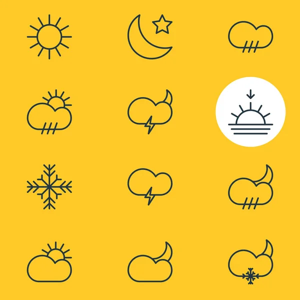 Vectorillustratie van 12 Sky pictogrammen. Bewerkbare Pack van Cloud, sneeuw, regen en andere elementen. — Stockvector