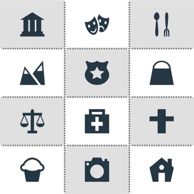 12 harita simgeler vektör Illustration. Düzenlenebilir maskeleri, manzara, fotoğraf aygıt öğeleri sürüsü.