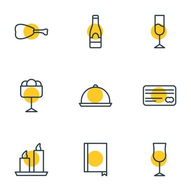 9 yemek simgeler vektör Illustration. Yangın balmumu, bardağı, şarap ve diğer öğeleri düzenlenebilir paketi.
