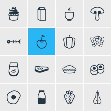 16 yeme simgeler vektör Illustration. Tatlı, düzenlenebilir paket çırpılmış yumurta, Düşes ve diğer öğeleri.