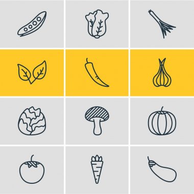 12 gıda simgeler vektör Illustration. Mantar, kırmızı biber, yeşil soğan ve diğer öğeleri düzenlenebilir sürüsü.