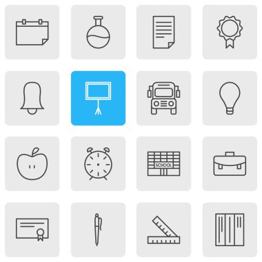 16 çalışmalar simgeler vektör Illustration. Tüp, metre, kupa ve diğer öğeleri düzenlenebilir paketi.