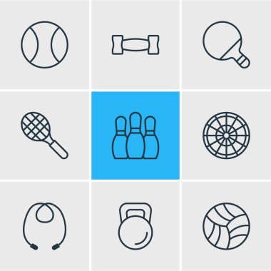 9 Spor simgeler vektör Illustration. Düzenlenebilir paket Bowling, Pong, roket ve diğer öğeleri.