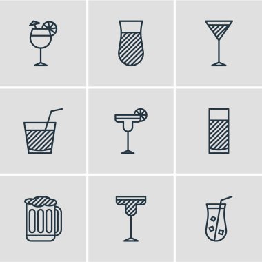 9 içecek simgeler vektör Illustration. Martini, cam, içecek ve diğer öğeleri düzenlenebilir paketi.