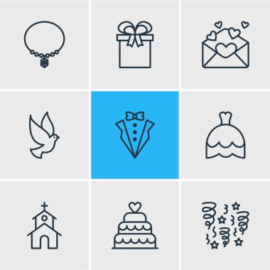 9 düğün simgeler vektör Illustration. Bina, damat elbise, takı ve diğer öğeleri düzenlenebilir paketi.