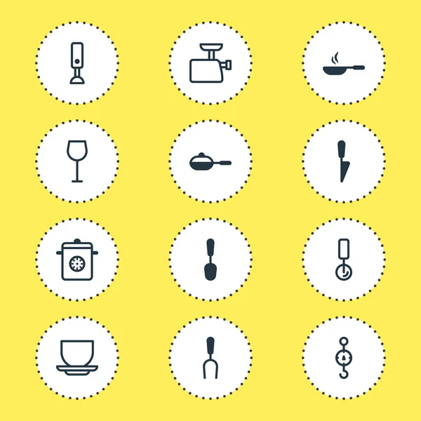 Ilustracja wektorowa 12 restauracja ikon. Edytowalne Pack kuchnia sztylet, filiżanka kawy, Grill narzędzia i inne elementy. — Wektor stockowy