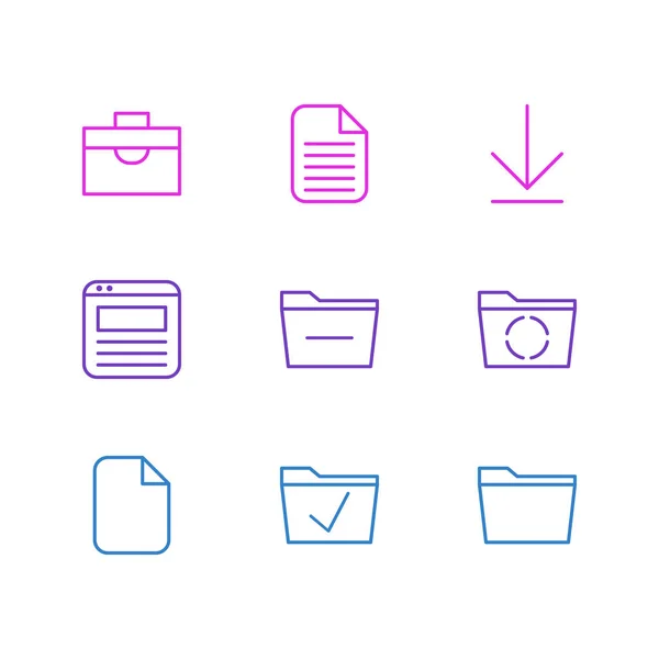 Illustrazione vettoriale di 9 icone dell'ufficio. Pacchetto modificabile di eliminazione cartella, portafoglio, caricamento e altri elementi . — Vettoriale Stock