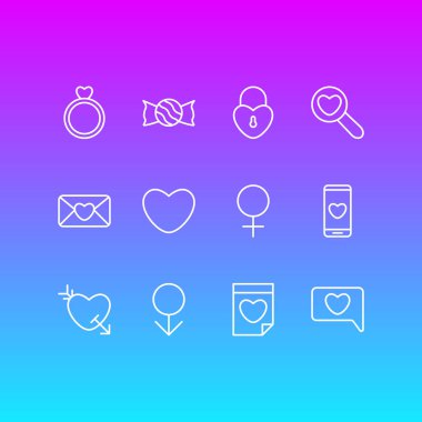 12 Amour simgeler vektör Illustration. Nişan, davet, akıllı telefon ve diğer öğeleri düzenlenebilir paketi.