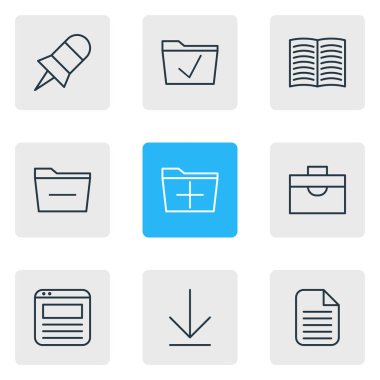 9 çalışma alanı simgeler vektör Illustration. İndirme, Not ve diğer öğeleri Onayla, düzenlenebilir sürüsü.