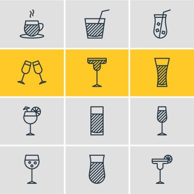 12 içecek simgeler vektör Illustration. Cam, kadehi, suyu ve diğer öğeleri düzenlenebilir paketi.